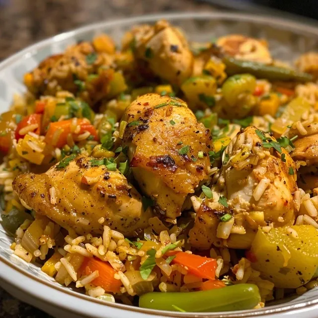 Fotografía de un plato de Pollo con Arroz y verduras, resaltando la jugosidad del pollo.