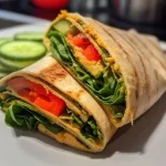 Nahaufnahme eines veganen Hummus-Wraps mit frischem Gemüse.