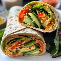 Seitenansicht von zwei saftigen veganen Wraps auf einem Teller.