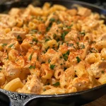 Vista lateral de un plato de Fettuccine Alfredo de Pollo sin lácteos, con pollo tierno y espinacas.