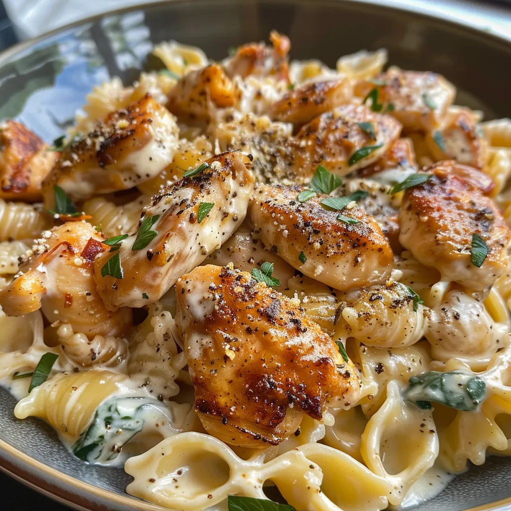 Primer plano de un delicioso plato de pasta Alfredo de pollo, elaborado sin productos lácteos.