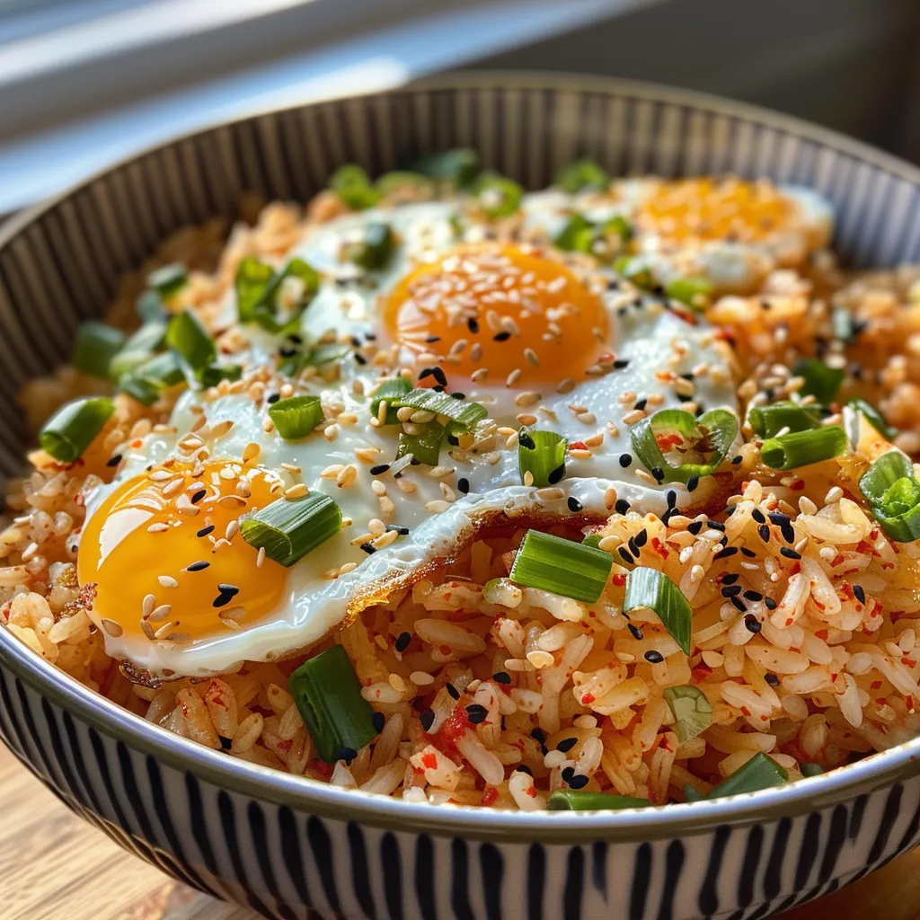 Primer plano de arroz coreano con huevo y kimchi.