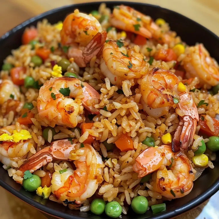 Close-up of vibrant shrimp fried rice with colorful veggies.