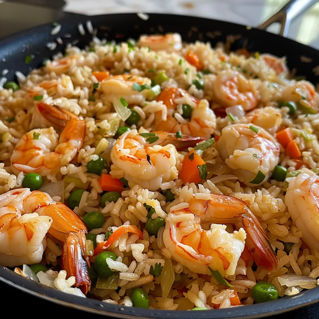 Side view of a delicious plate of Arroz Frito con Camarones loaded with prawns and vegetables.