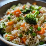 Nahaufnahme eines Teller mit braunem Reis und buntem Gemüse.