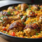 Arroz con pollo jugoso en un plato, con guisantes y pimiento rojo visible.