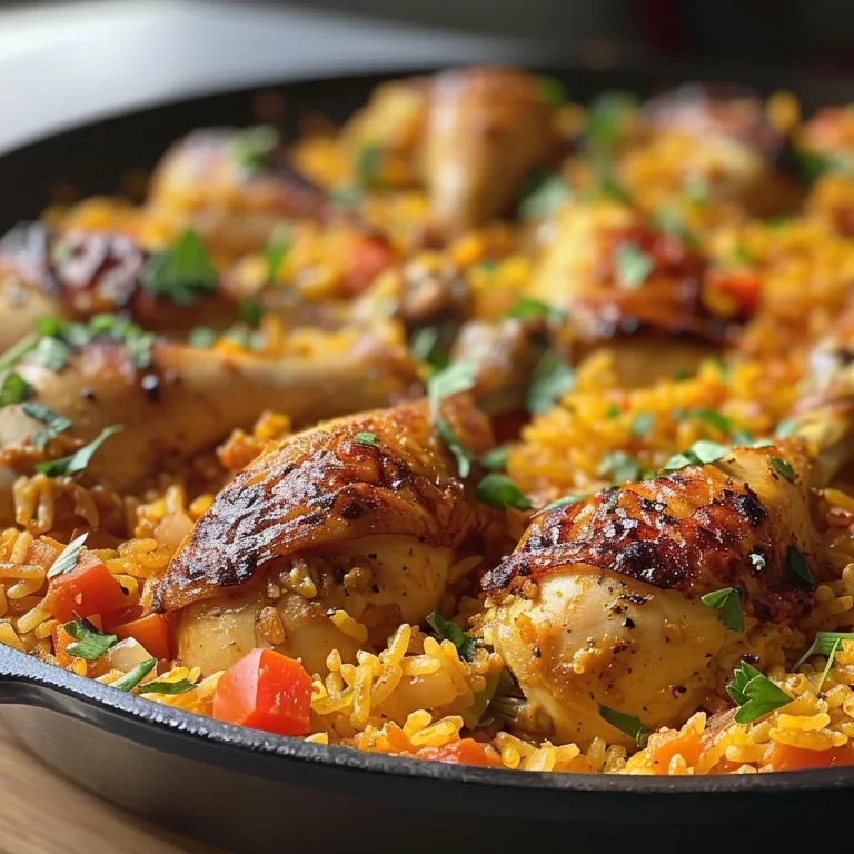Arroz con pollo jugoso en un plato, con guisantes y pimiento rojo visible.