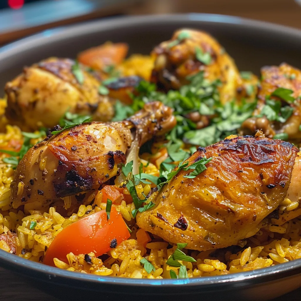 Detalle de un plato humeante de arroz con pollo, decorado con perejil picado.