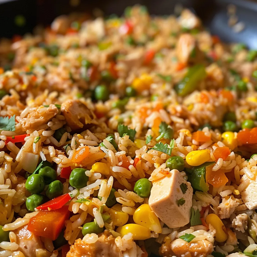 Detalle de Arroz Frito Casero con pollo, cerdo, huevos y tofu visible.