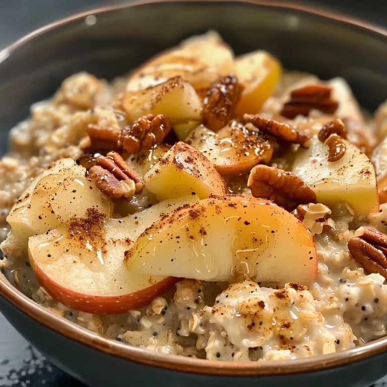 Tazón de avena con manzana y canela, con trozos de manzana y nueces encima.