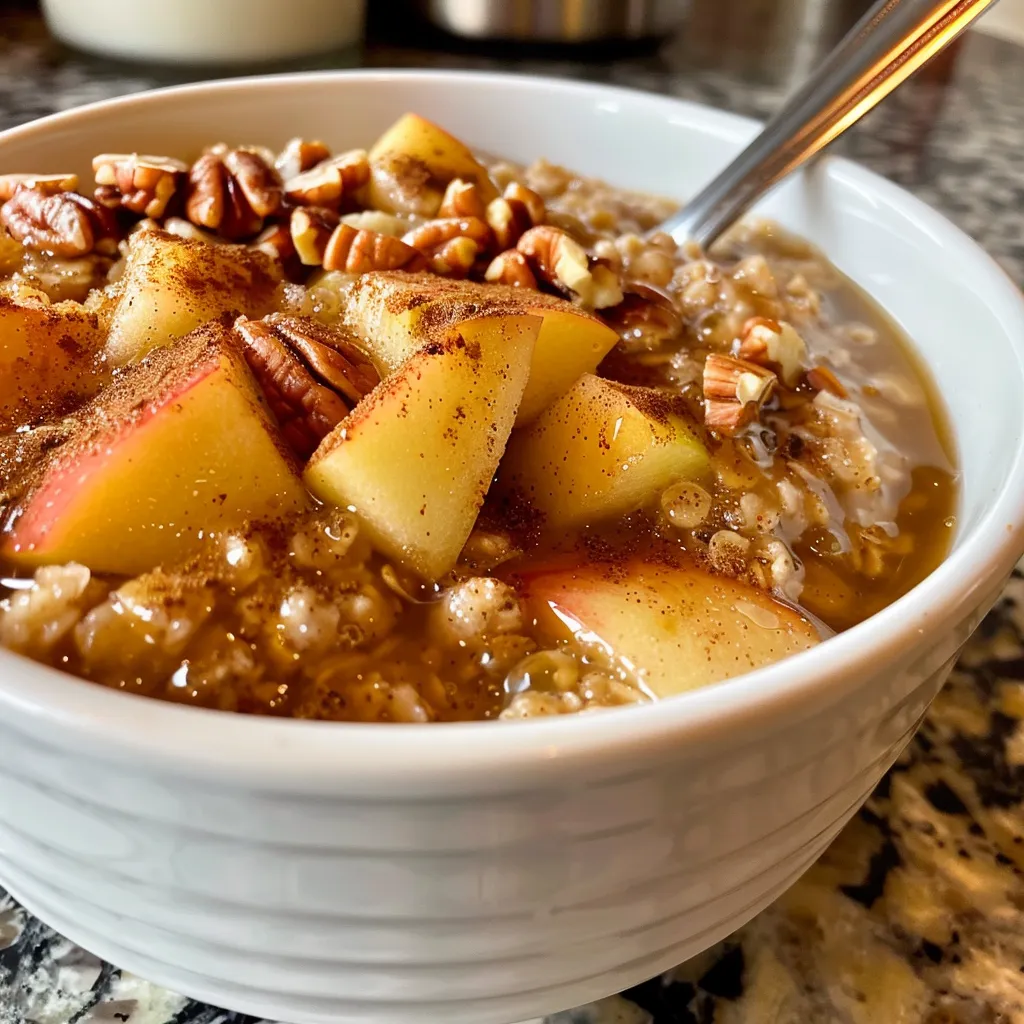 Primer plano de avena cocida con canela, miel y manzana en un tazón.