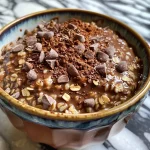 Tazón de avena de chocolate con una textura cremosa y trozos de cacao.