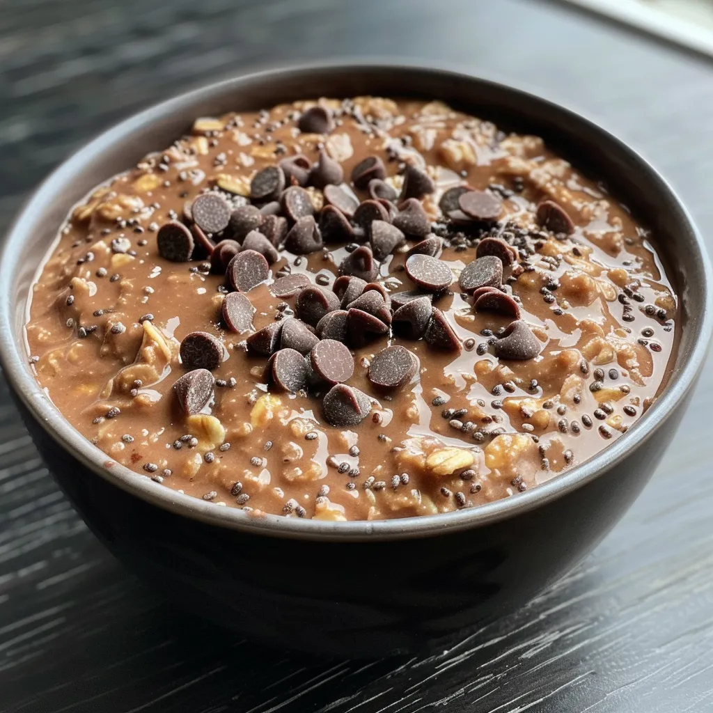Primer plano de avena de chocolate con chispas de chocolate.