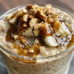 Un tazón de avena nocturna con frutas y nueces en la parte superior.