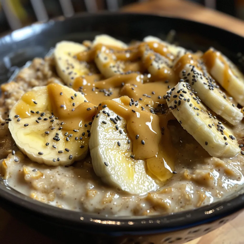 Primer plano de avena con plátano, mantequilla de maní y toppings decorativos.
