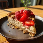 Tarta de queso con fresas y avena, vista lateral.