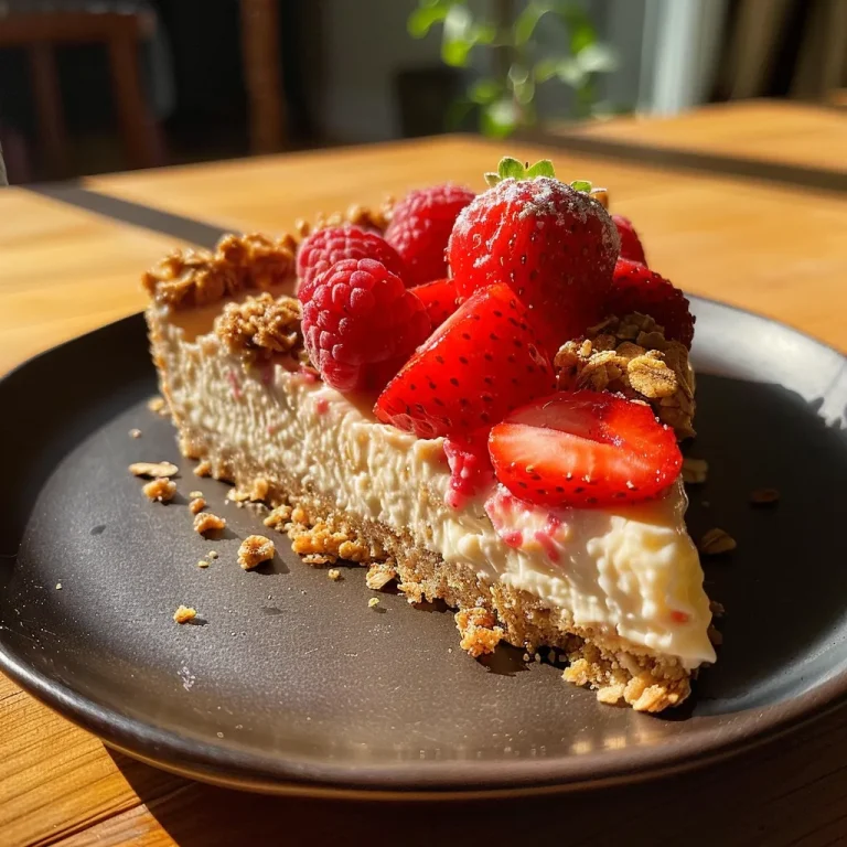 Tarta de queso con fresas y avena, vista lateral.