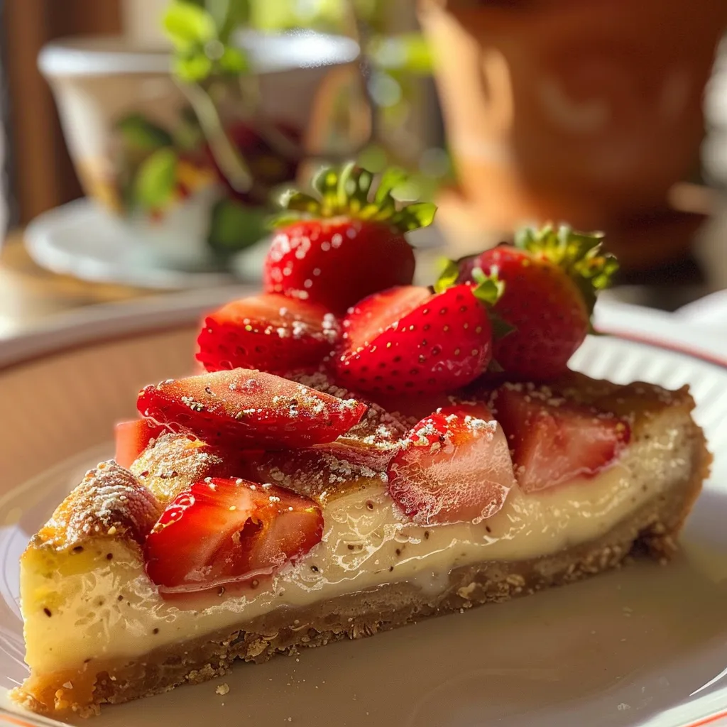 Close up de una tarta de queso con fresas, mostrando su textura.