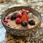 Tazón de avena nocturna con frutas frescas y ingredientes visibles.