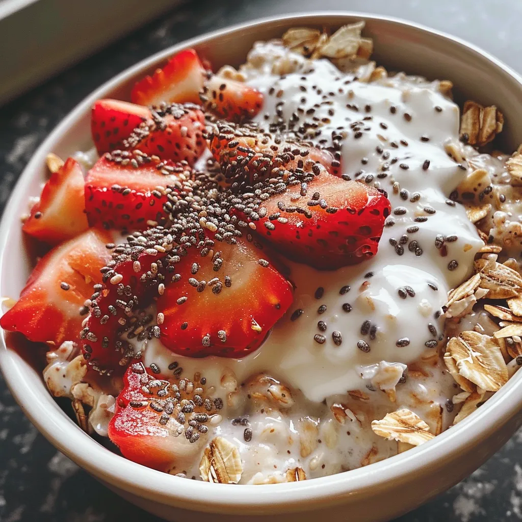 Primer plano de avena con leche y fruta roja.