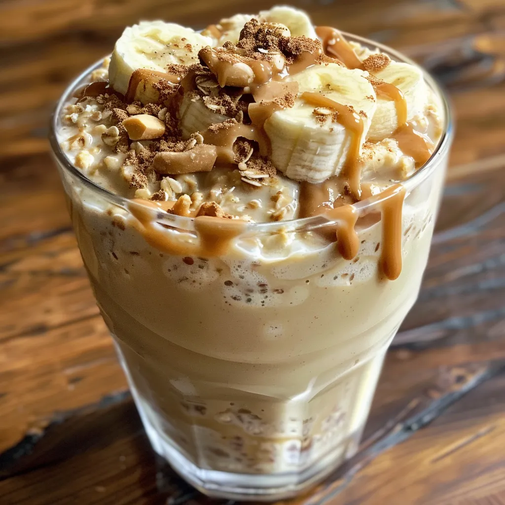 Close-up de un smoothie espeso de avena y plátano.