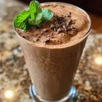 Batido de chocolate con menta en un vaso transparente.