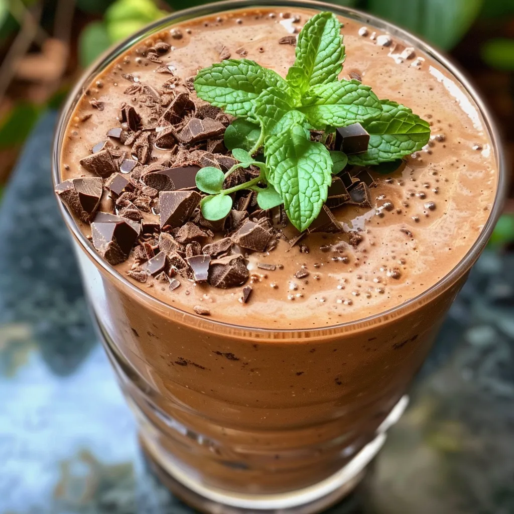 Primer plano de un batido cremoso de chocolate y menta.
