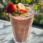 Batido de fresa y plátano en un vaso claro, con fresas y rodajas de plátano decorando la parte superior.