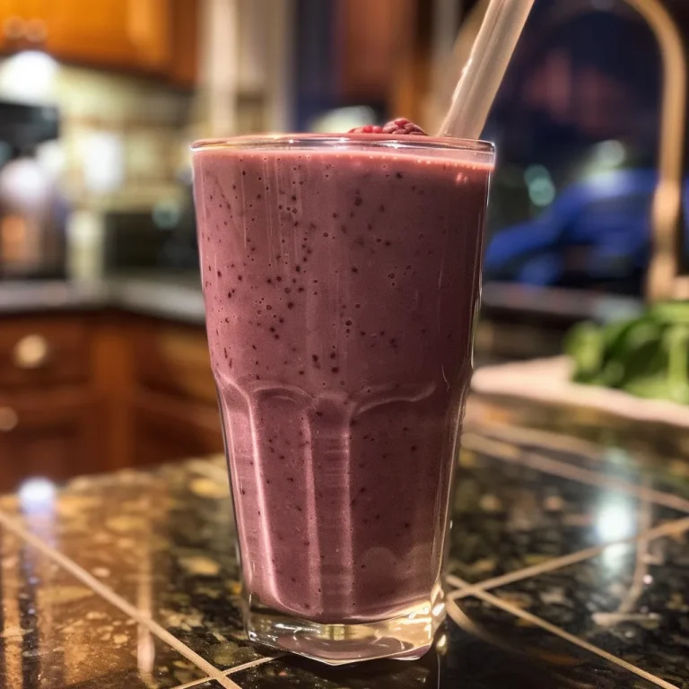 Batido de frutas colorido en un vaso, mostrando textura cremosa y trozos de frutas.