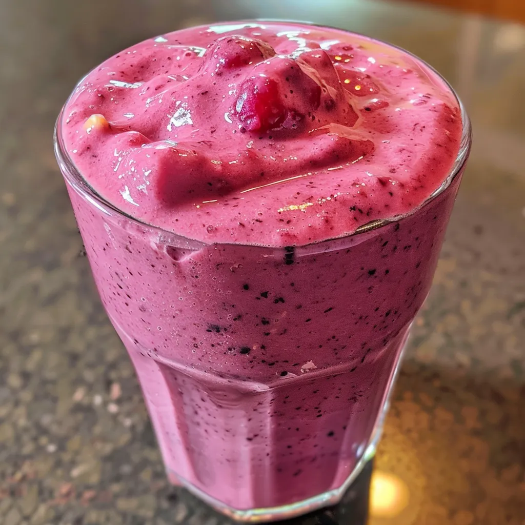 Primer plano de un smoothie de bayas con un fondo desenfocado, resaltando su frescura.