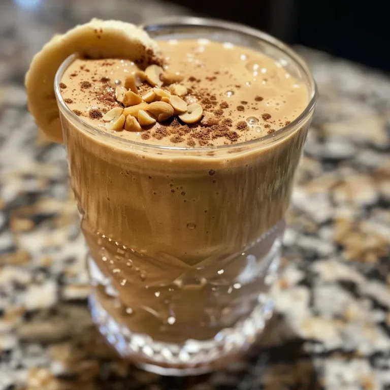 Un batido de jengibre cremoso en un vaso de vidrio, mostrando su color marrón dorado.