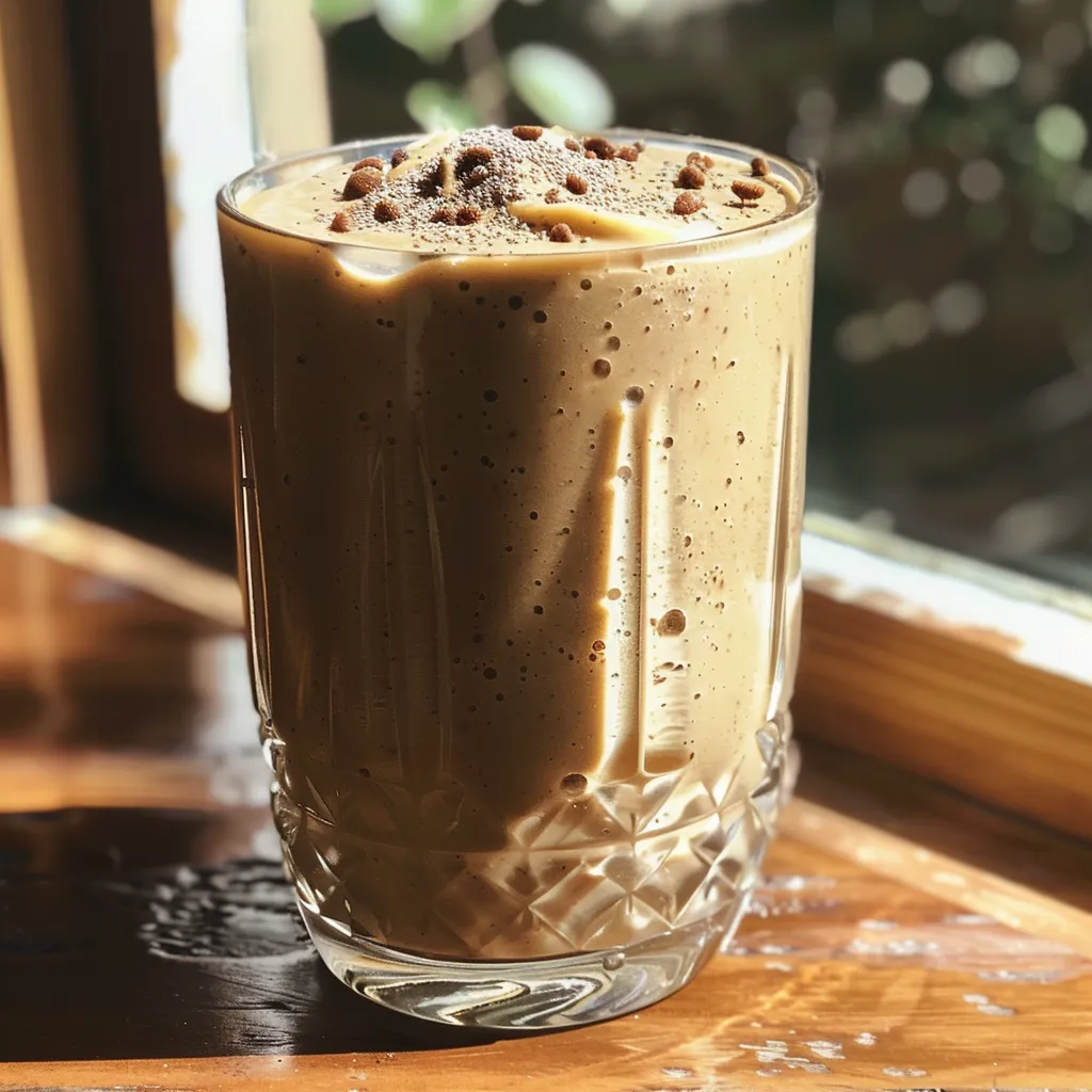 Primer plano de un batido de jengibre con ingredientes visibles como plátano y especias.