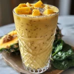 Batido de mango y piña en un vaso transparente con frutas frescas de fondo.