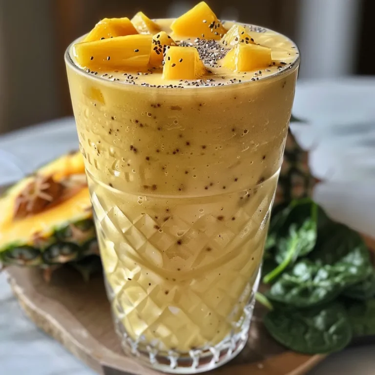 Batido de mango y piña en un vaso transparente con frutas frescas de fondo.