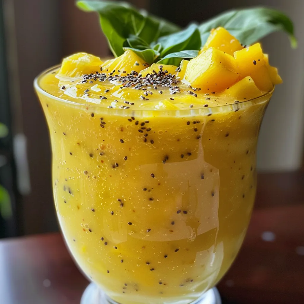 Primer plano de un smoothie de mango y piña, decorado con rodajas de fruta.