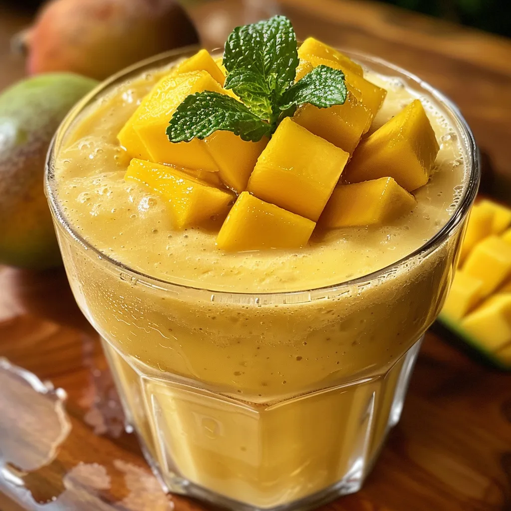 Primer plano de un batido de mango con trozos de frutas y yogur en el fondo.