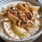 Batido de manzana con canela y avena en vaso transparente.