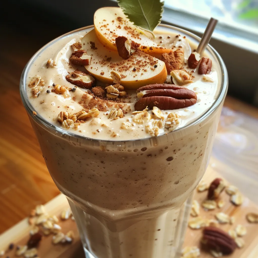 Close up de smoothie de manzana con ingredientes visibles.