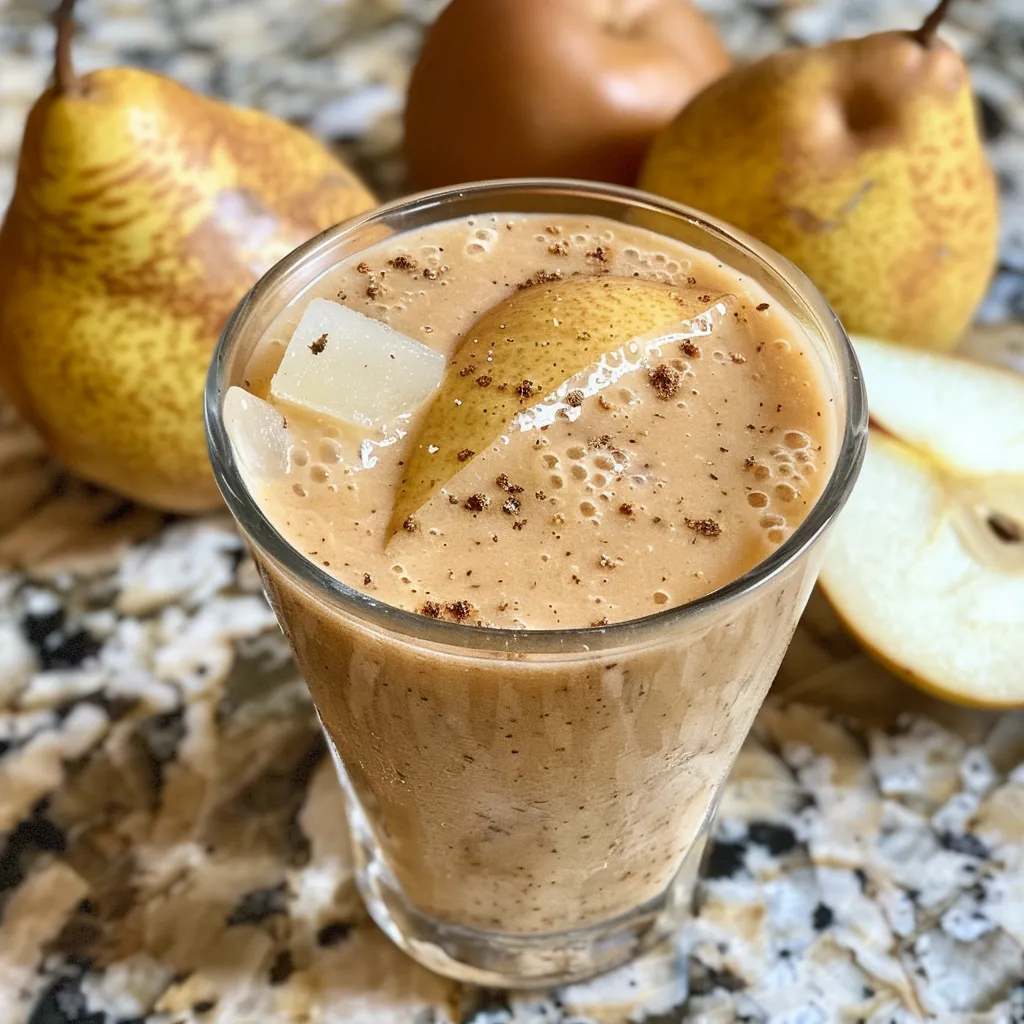 Smoothie de pera y jengibre con trozos de fruta fresca.