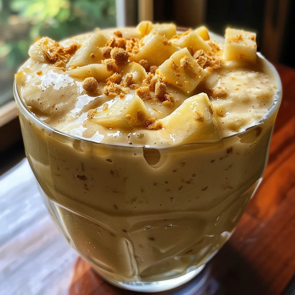 Close up de un batido tropical de piña y coco.