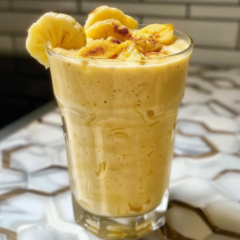 Batido de piña y plátano en un vaso transparente, con trozos de fruta en el fondo.