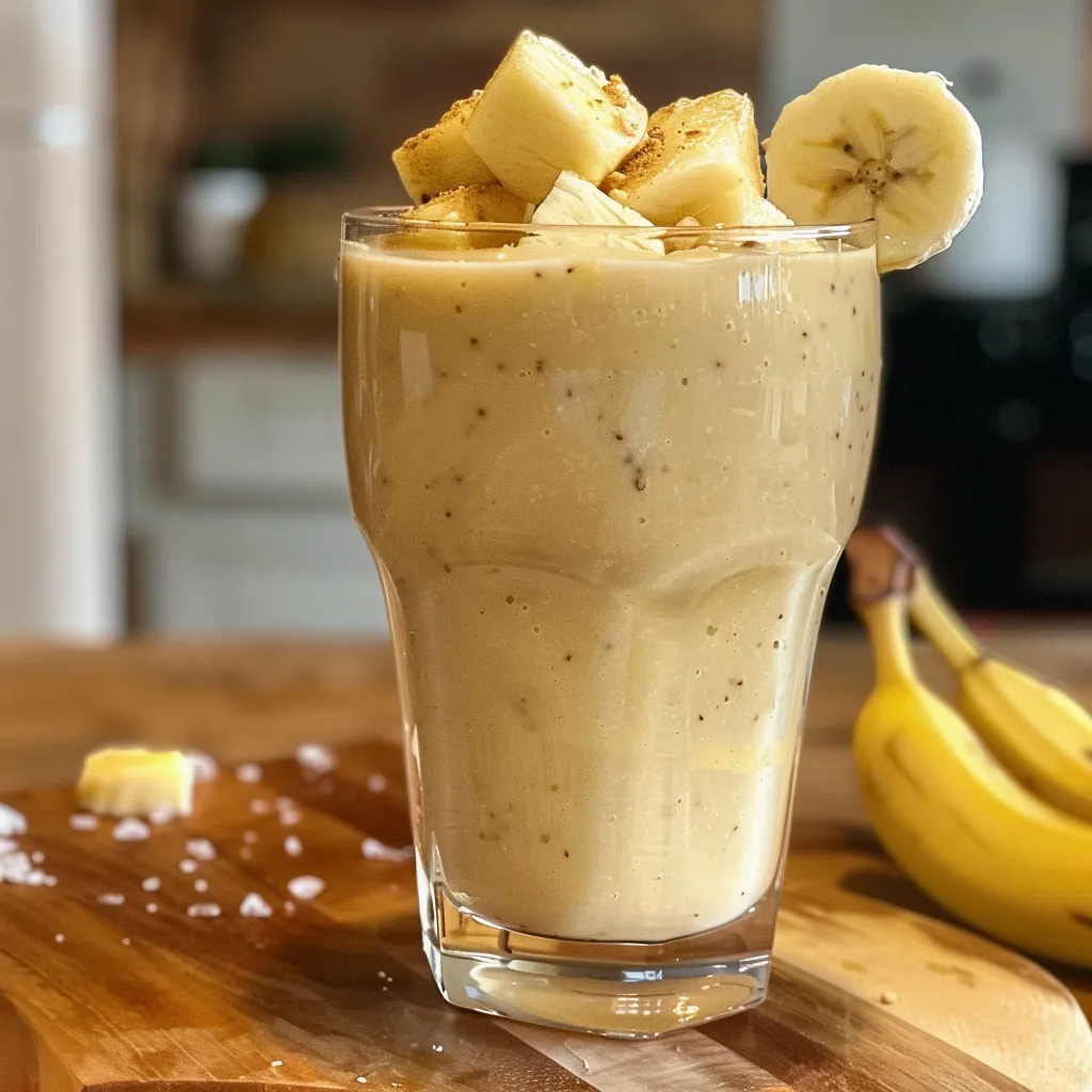 Primer plano de un batido cremoso de piña y plátano, servido con hielo.