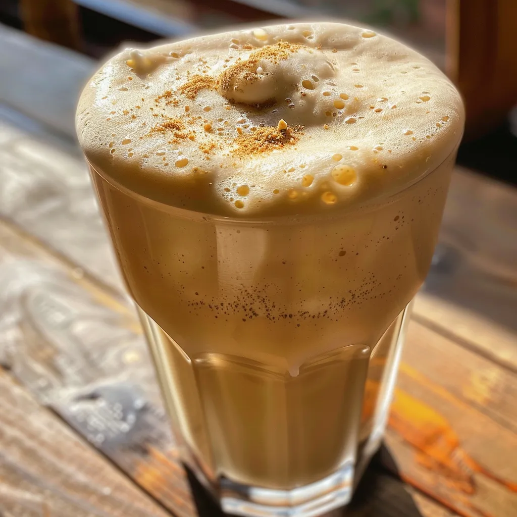 Primer plano de un batido de sandía con textura suave, servido en un vaso con hielo.