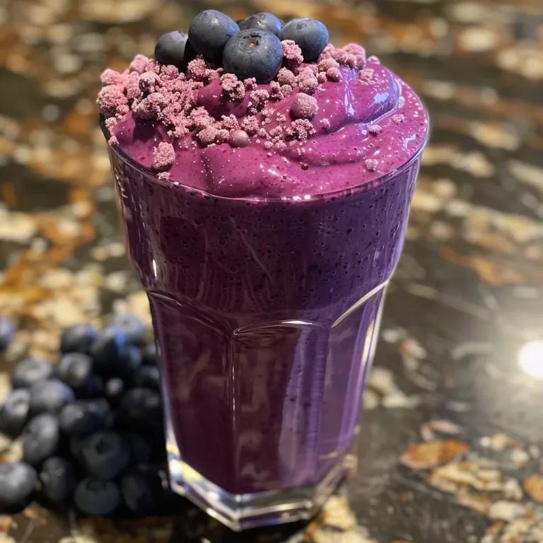 Smoothie de yogur con arándanos servida en un vaso.
