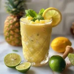 Nahaufnahme eines erfrischenden Batido Detox mit Ananas und Ingwer in einem Glas.