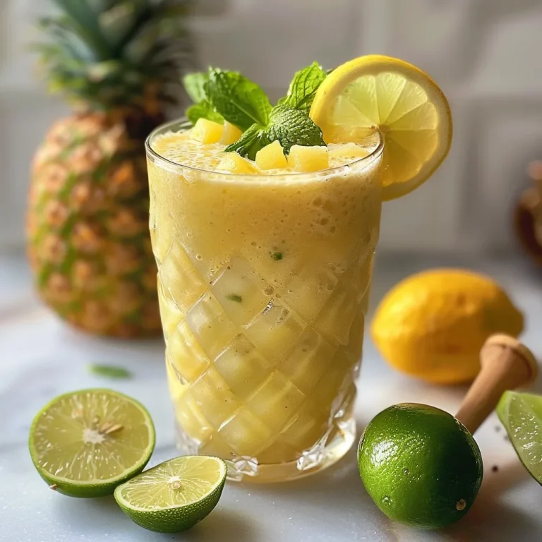 Nahaufnahme eines erfrischenden Batido Detox mit Ananas und Ingwer in einem Glas.
