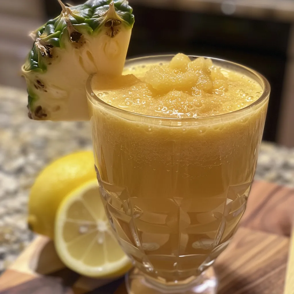 Side-View-Bild eines fruchtigen Batido Detox mit Ananasstücken und Ingwer.