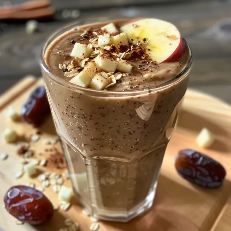 Smoothie de pastel de manzana en un vaso transparente, con ingredientes visibles.