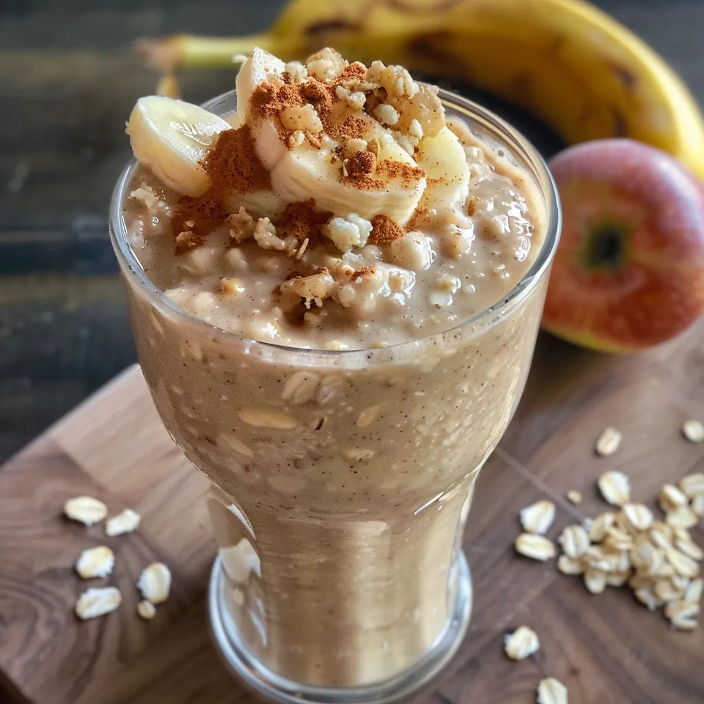 Batido saludable de manzana adornado con canela, presentado en un fondo de madera.