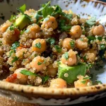 Tazón de quinoa y garbanzos con aguacate fresco y aderezo de tahini.
